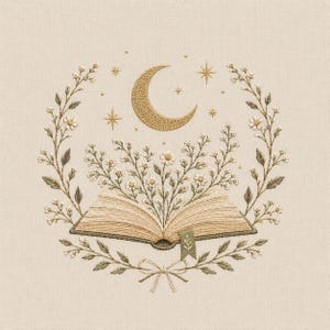 Op de afbeelding: Een geborduurd ontwerp met een open boek met bloemaccenten, een halve maan en sterren. Het boek is omgeven door een krans van bladeren en bloemen, met een strik aan de onderkant. Het kleurenpalet omvat beige, goud en groen.