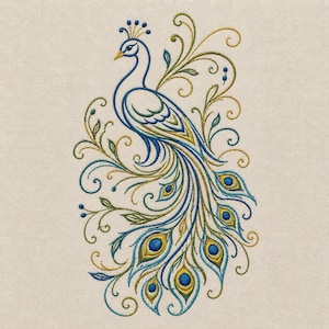 May include: Embroidered peacock design in shades of blue, gold, and green on a beige background. The peacock is depicted with its tail feathers fanned out, surrounded by decorative swirls and leaves. The design is detailed and elegant.
