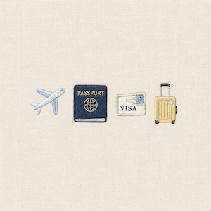 May include: Embroidered travel-themed patches. The image shows a light blue aeroplane, a navy blue passport with a gold globe, a white VISA card, and a yellow suitcase with a black handle on a cream background.