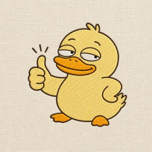 May include: Embroidered yellow duck with a thumbs-up gesture. The duck has a large orange beak and is giving a thumbs-up with its left hand. The duck has a smug expression and is set against a beige background.