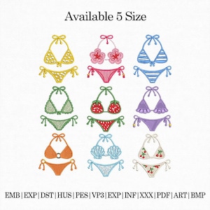 May include: A collection of nine embroidered bikini designs in various colors, including yellow, pink, blue, green, red, and orange. Each bikini features unique patterns and embellishments. The text "Available 5 Size" is at the top.