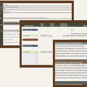 May include: Screenshots of a digital document with tables and text. The document includes sections for contact status, conversation date, and follow-up information. Questions about career paths and organization insights are also visible.