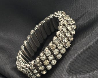 Mid-Century Rhinestone Stretch Bracelet • Tiered Dome Design • Vintage Cocktail Glamour