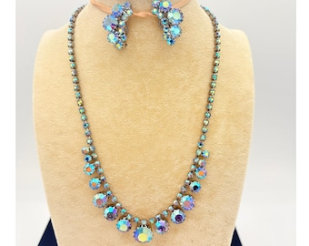 Mid‑Century  Vivid AB Rhinestone Cluster Necklace & Earrings Set, Multi-prong Settings