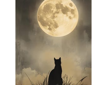 Black Cat Full Moon Art – Gothic Halloween Decor (Digital Download)