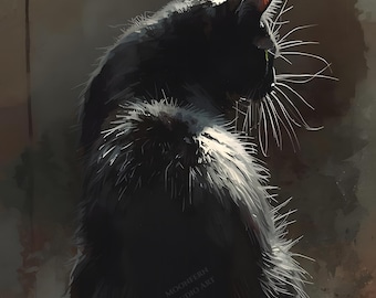 黒猫の水彩イラスト：エレガントな猫のアート（デジタルダウンロード