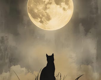 黒猫の満月アート - ゴシックハロウィンデコレーション（デジタル