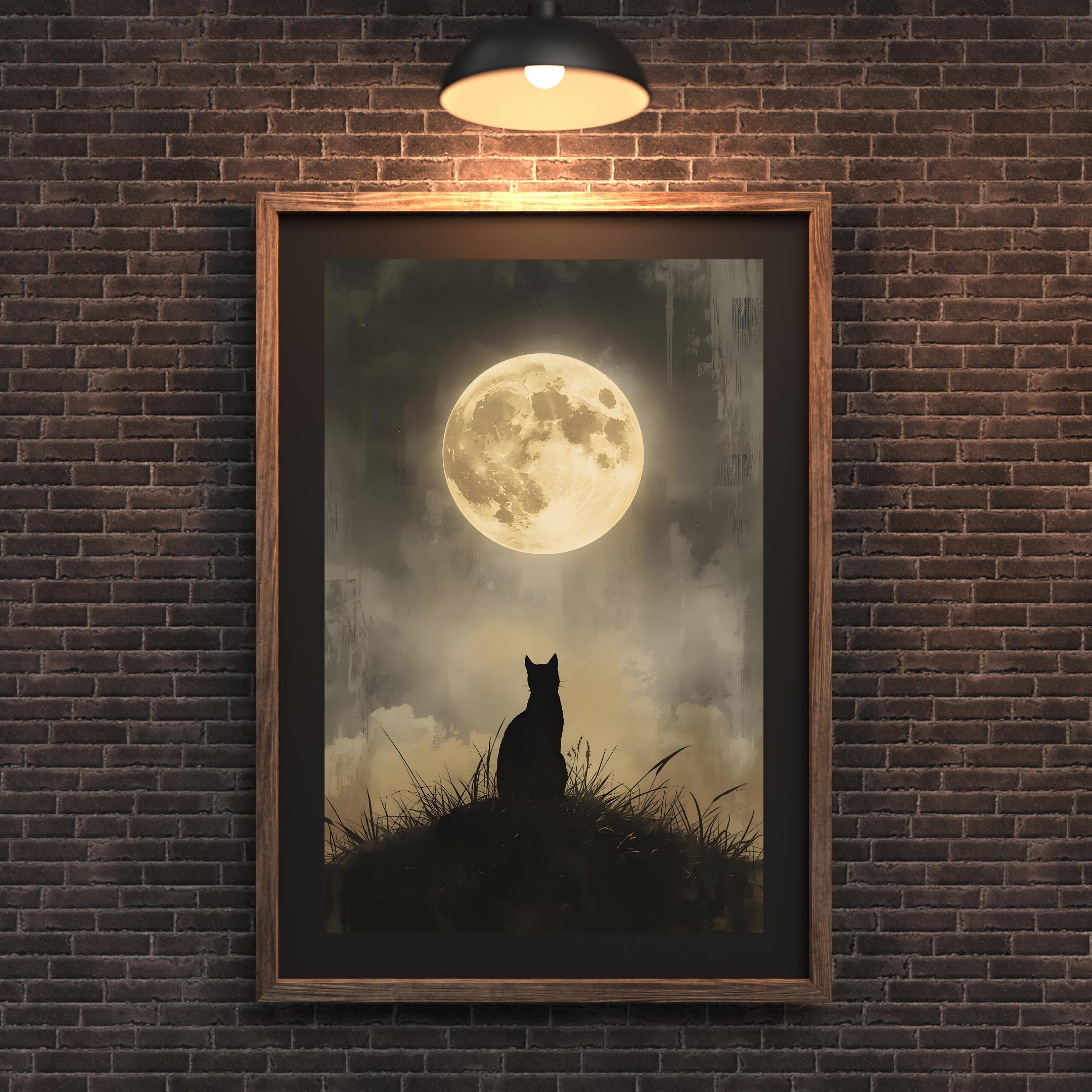黒猫の満月アート - ゴシックハロウィンデコレーション（デジタル