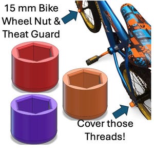 May include: Three colorful 15 mm bike wheel nut and theft guards in red, orange, and purple. The image also shows a blue and orange bicycle with a wheel nut guard installed. Text reads "Cover those Threads!"