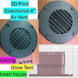 Op de afbeelding: Zwart 3D-geprint directioneel luchtrooster, ongeveer 10 cm in diameter, met een cirkelvormig ontwerp en schuine lamellen. De afbeelding toont ook een diagram van het zijaanzicht van het rooster en de woorden "Ceiling", "Grow Tent" en "Green house".