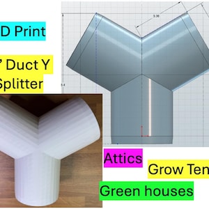 May include: A 3D-printed white Y-shaped duct splitter. The text on the image reads "3D Print" and "4" Duct Y Splitter". Additional text includes "Attics", "Grow Tents", and "Green houses".