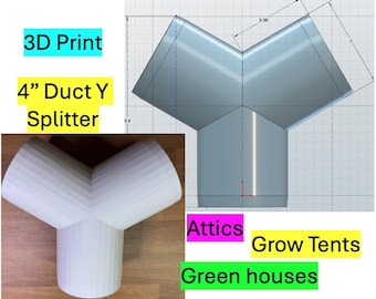 May include: A 3D-printed white Y-shaped duct splitter. The text on the image reads "3D Print" and "4" Duct Y Splitter". Additional text includes "Attics", "Grow Tents", and "Green houses".
