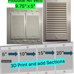 以下が含まれることがあります： 白のモジュール式エアベント、24.77 cm x 12.7 cm、水平スラット付き。画像は、"3D Print and add Sections"というテキストを含む3Dプリントデザインなど、さまざまな構成のベントを示しています。