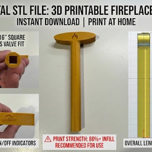 Könnte beinhalten: Gelber 3D-gedruckter Kaminschlüssel mit Flammendesign am Griff. Der Schlüssel hat einen 5/16" quadratischen Gasventilanschluss und klare Ein/Aus-Anzeigen. Die Gesamtlänge beträgt 17,1 cm.