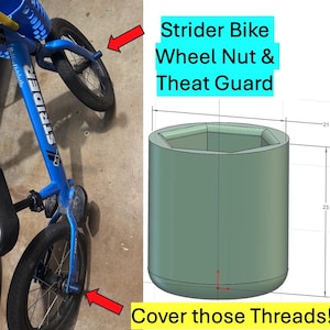 Könnte beinhalten: Blaues Strider-Fahrrad mit schwarzen Rädern und einem grünen Radmuttern- und Gewindeschutz. Der Text im Bild lautet "Strider Bike Wheel Nut & Theat Guard" und "Cover those Threads!"