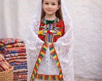 Marockansk Amazigh-flickdräkt | Traditionell berberklänning (kaftan, kjol, bälte, krona och baboucher) | Handgjord barndräkt 1–7 år