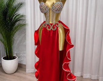 Luxury Belly Dance Costume | Crystal Rhinestone Egyptian Dance Outfit | Sexy Festival & Party Dress | Stage Performance Costume