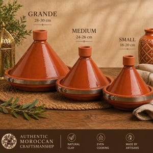 May include: Three terracotta tagine pots of different sizes, labelled Grande (28-30 cm), Medium (24-26 cm), and Small (18-20 cm). Each pot has a conical lid and a silver metal band around the base. The image includes text that says "Authentic Moroccan Craftsmanship."