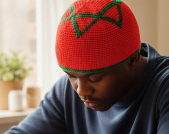 Moroccan Handmade Crochet Beanie - Traditional Red & Green Kufi Cap - Authentic Unisex Wool Head Cover