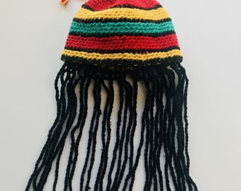 Moroccan Gnawa Hat with Handmade Dreadlocks – Colorful Crochet Rasta-Style Cap – Traditional Moroccan Headwear