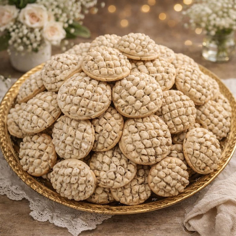 K&ouml;nnte beinhalten: Eine goldene Platte, &uuml;berf&uuml;llt mit runden, strukturierten Keksen. Die Kekse haben eine hellbraune Farbe und ein ausgepr&auml;gtes Muster aus kleinen, quadratischen Vertiefungen. Der Hintergrund umfasst wei&szlig;e Blumen und sanfte Beleuchtung.