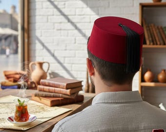 Classic Red Fez Hat - Traditional Moroccan/Ottoman Cap, Handcrafted Vintage Style Men's Wear.