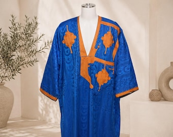 Handmade Moroccan Sahrawi Daraa, Authentic Bazin Robe with Gold Embroidery, Traditional Unisex Desert Kaftan