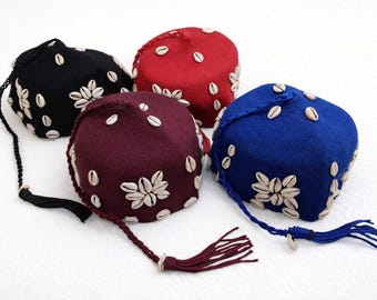 Handmade Moroccan Gnawa Hat – Traditional Shell-Decorated Cap | 4 Colors Available | Made in Morocco