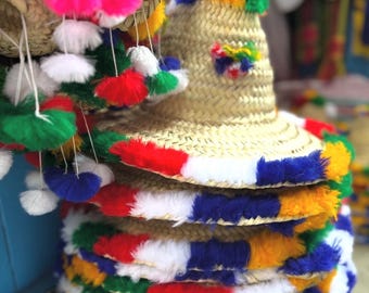 Moroccan Berber Straw Hat, Handmade Amazigh Pom Pom Hat, Traditional Traza Hat, Colorful Boho Festival Accessory