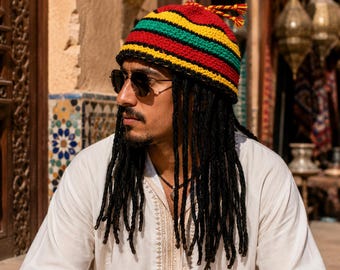 Handmade Moroccan Gnawa Hat with Dreadlocks | Colorful Crochet Rasta Festival Hat | Authentic Moroccan Headwear | Reggae Beanie | Boho Gift