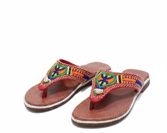 Handmade Moroccan Leather Sandals, Berber Embroidery, Ethnic Flip Flops