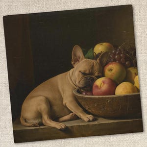 May include: A digital art print featuring a sleeping French Bulldog next to a wooden bowl overflowing with apples and grapes. The dog is light brown, and the fruit is a mix of red, green, and yellow. The background is dark.