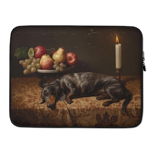 Dachshund Still Life Laptop Sleeve, Doxie Computer Carrying Case, Pet Themed Oil Painting Accessories, Antique Renaissance Wiener Dog Gift