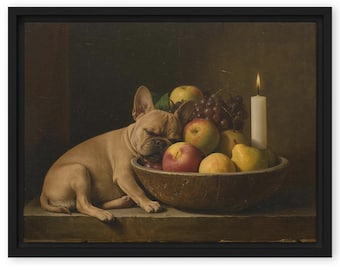 French Bulldog Framed Canvas, Cute Renaissance Dog Portrait, Frenchie Still Life Oil Painting, Antique Wall Art Gift, Funny Pet Themed Decor