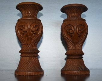 vintage onately carved hearts wooden vase/ candleholders - teakwood - 1970's - boho