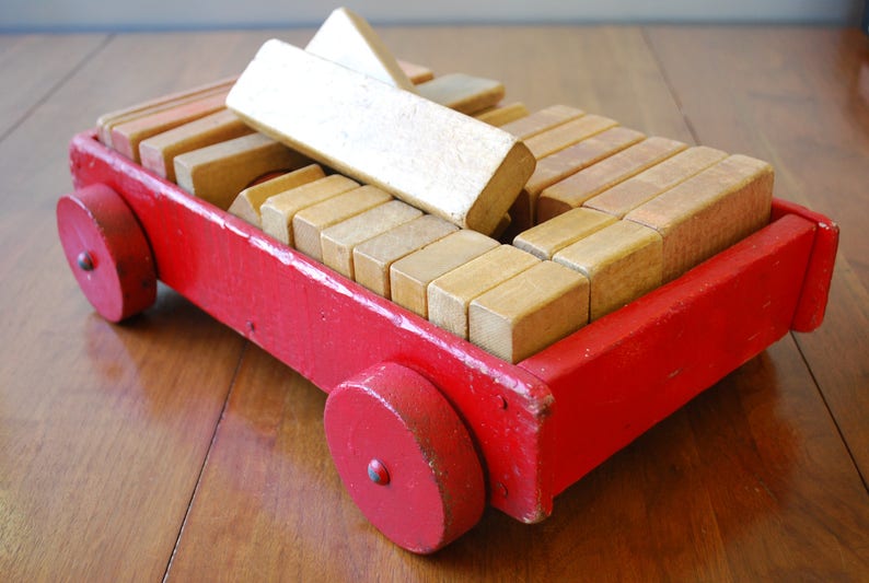 Vintage Homemade Wooden Wagon With Blocks Display Vintage Childrens