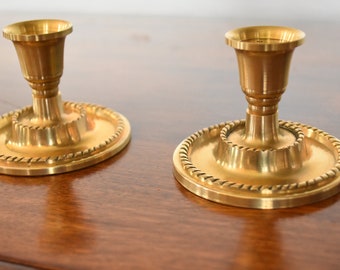 vintage pair of brass candlesticks with rope edge detail- brass tulip candlesticks - tapers - 1970's - Taiwan