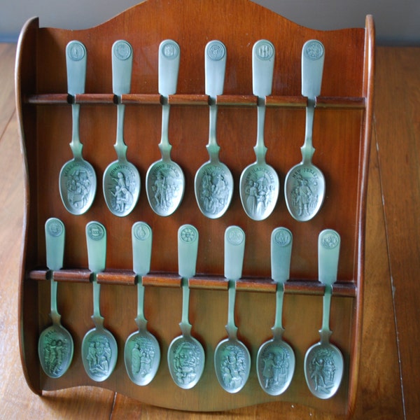 vintage spoon rack with pewter spoons - 13 colonies -  Bi Centennial - 1976 wall display - Americana - Federal - Farmhouse - Colonial