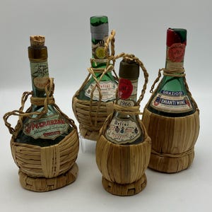 Set of 4 Raffia-Wrapped Italian Wine Bottles