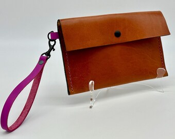 Leather Wristlet Clutch Bag Purse with Detachable Strap in Tobacco Brown and Purple