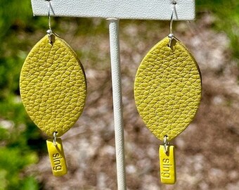 Yellow Pebbled Leather Leaf Earrings in recycled leather with "Sing" dangles