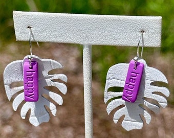 Leather Happy Monstera Earrings in White recycled leather