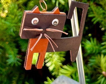 Leather Cat Purse Charm Dangle Bag Bling Key chain Key ring Fob Tote Charm with Whiskers and Googly Eyes