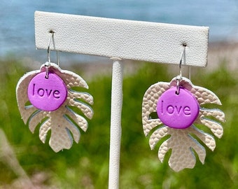 Leather Monstera "Love" Earrings in beige recycled leather