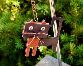 Leather Cat Purse Charm Dangle, Bag Bling, Key chain Key ring Fob, with Whiskers & Googly Eyes Made from recycled Leather and Waxed Thread