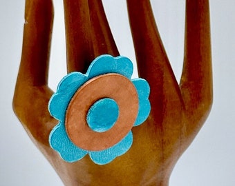 Leather Ring with Adjustable sizing in Circles, Flowers of Tan & Turquoise Blue, Modern Statement Ring w/ Upcycled Leather in Bold Geometric