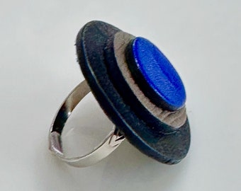 Leather Ring with Adjustable sizing in Circles of Cobalt Blue, Gray and Black Statement Ring with Upcycled Leather