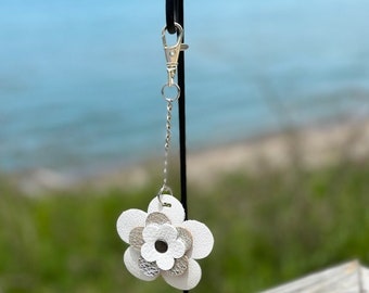 Leather Bag Charm Flower Fob Purse Dangle Keychain Keyring with Lobster clasp in White and Metallic Silver