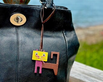 Leather Cat Purse Charm Dangle, Bag Bling, Key chain Key ring Fob, with Whiskers & Googly Eyes Made from recycled Leather and Waxed Thread