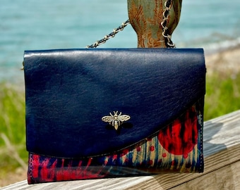 Leather Purse Hand Painted in Navy and Blue, Tan and Red Ikat Style Pattern with Bee Clasp Closure and Chain strap